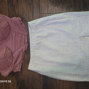 Pink Lace Bralette and White Eyelet Skirt Set